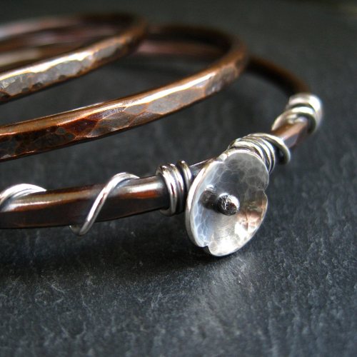 Copper Bangle Set with Sterling Silver Flower