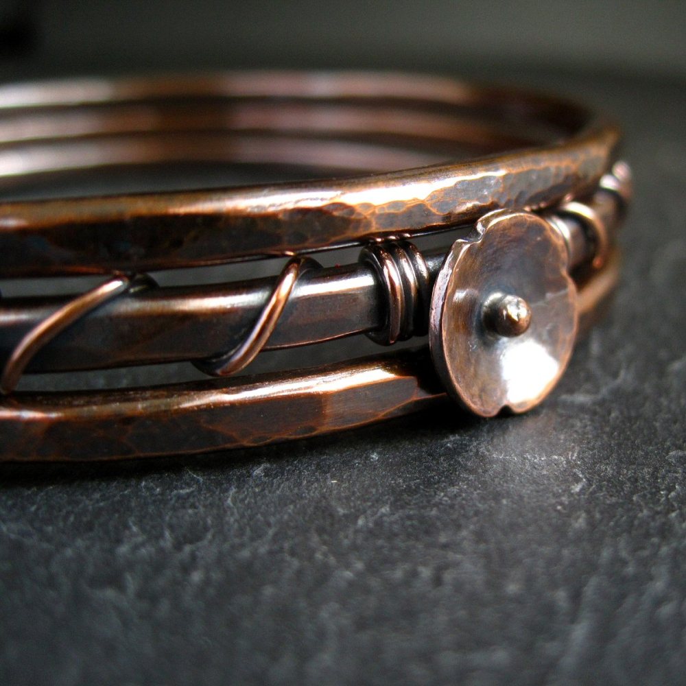 Copper Bangle Set with Copper Poppy Flower