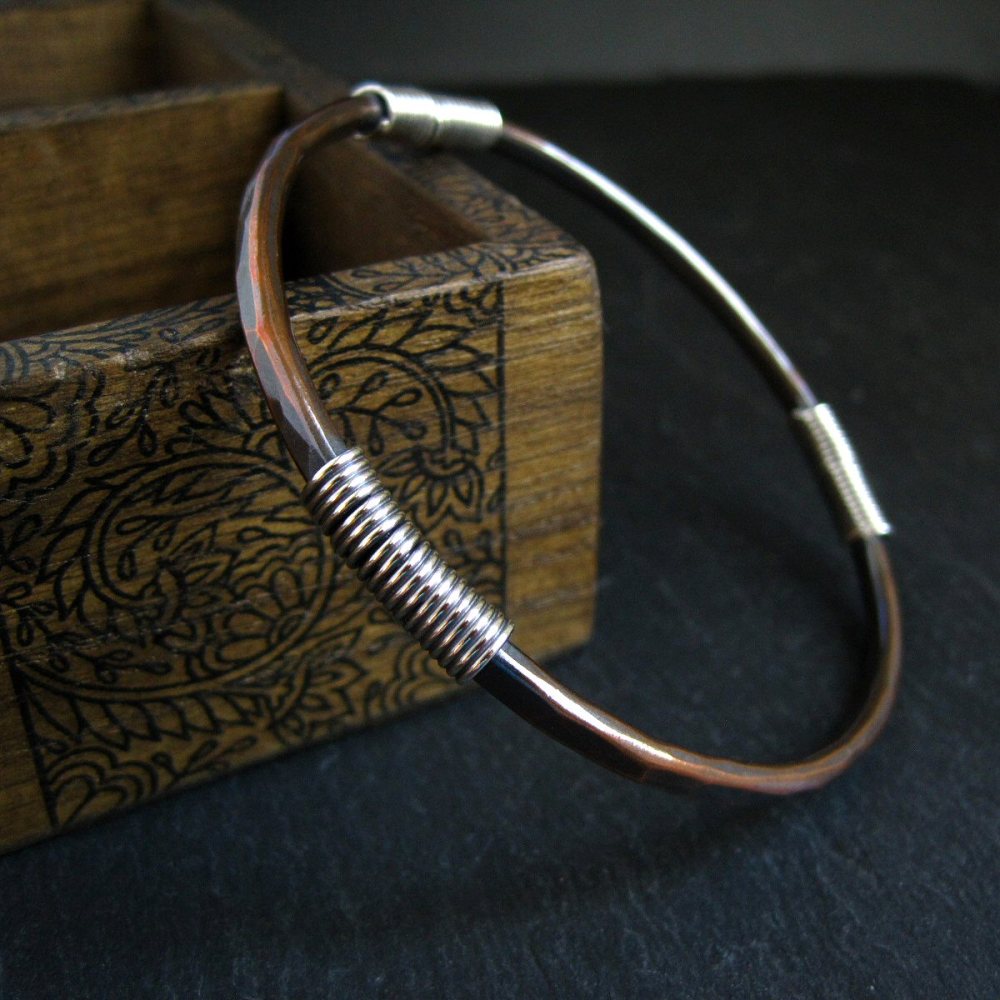 Handmade Copper Bangle with Sterling Silver Coils