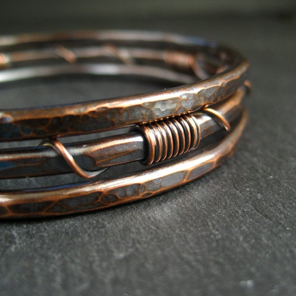 Hammered Copper Bangles • Wire Wrap Coil Design • Set of 3