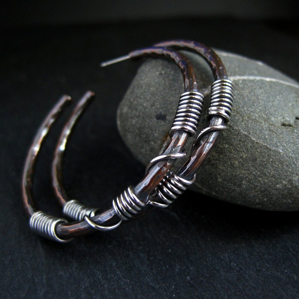 Copper Hoop Earrings with Sterling Silver Coils