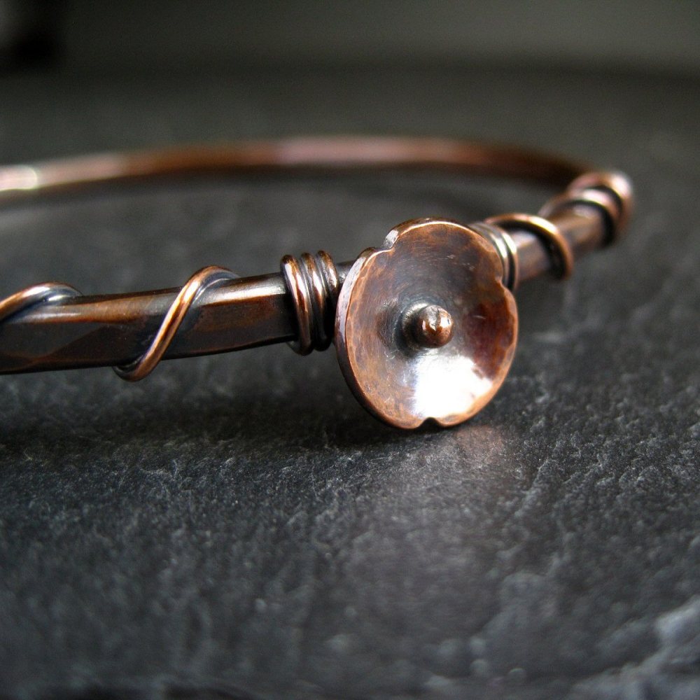 Copper Bangle with Copper Poppy Flower