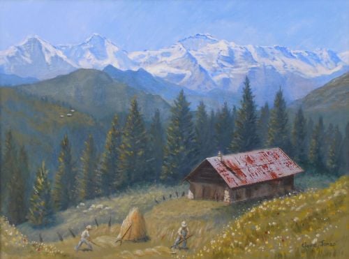 (L1003B) Alpine Beauty With Eiger, Monch and Jungfrau (Framed original oil