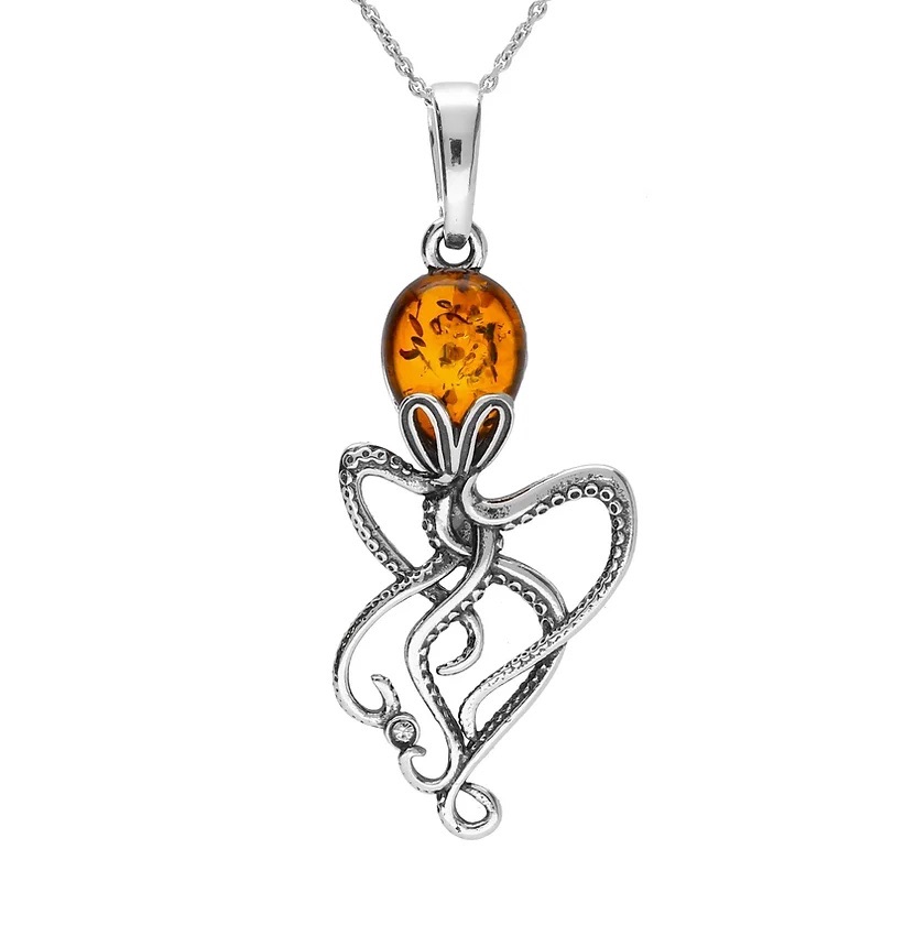 Octopus Baltic Amber Pendant (Sterling Silver) - Medium