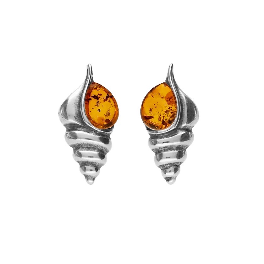 Baltic Amber Shell Stud Earrings (Sterling Silver)