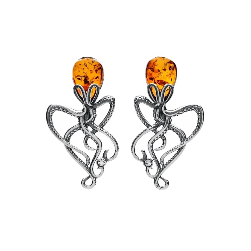Baltic Amber Octopus Earrings (Sterling Silver)