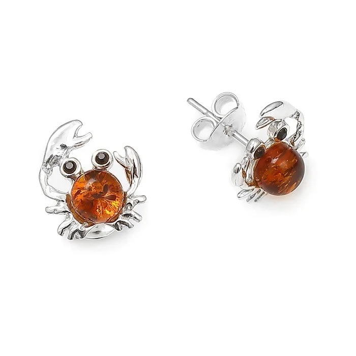 Baltic Amber Crab Stud Earrings (Sterling Silver)