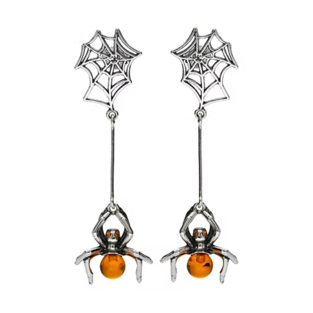 Amber Spider Drop Earrings (Sterling Silver)