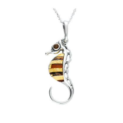 Designer Seahorse Silver Amber Pendant (Sterling Silver)