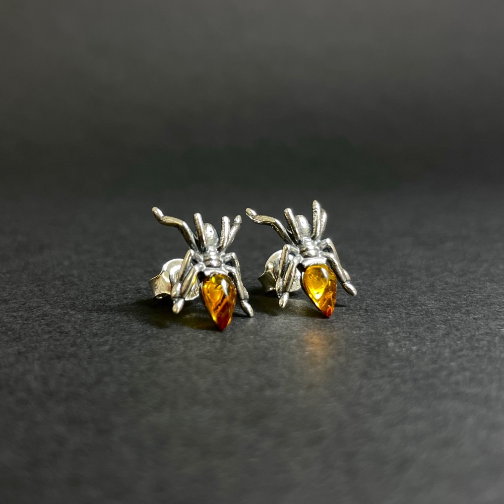 Baltic Amber Spider Stud Earrings (Sterling Silver)