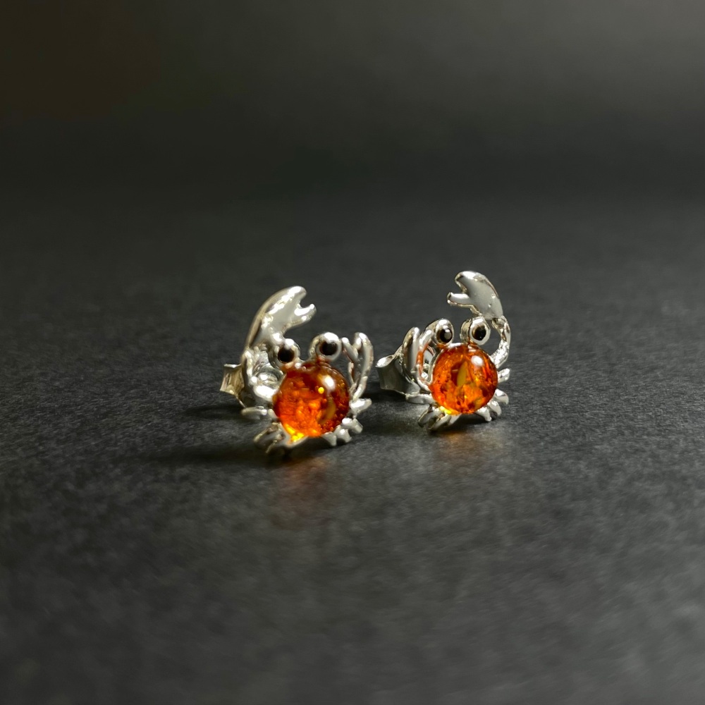 Baltic Amber Crab Stud Earrings (Sterling Silver)