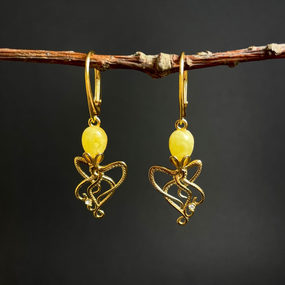 Amber 24ct Gold Plated Silver Octopus Drop Earrings (Sterling Silver)