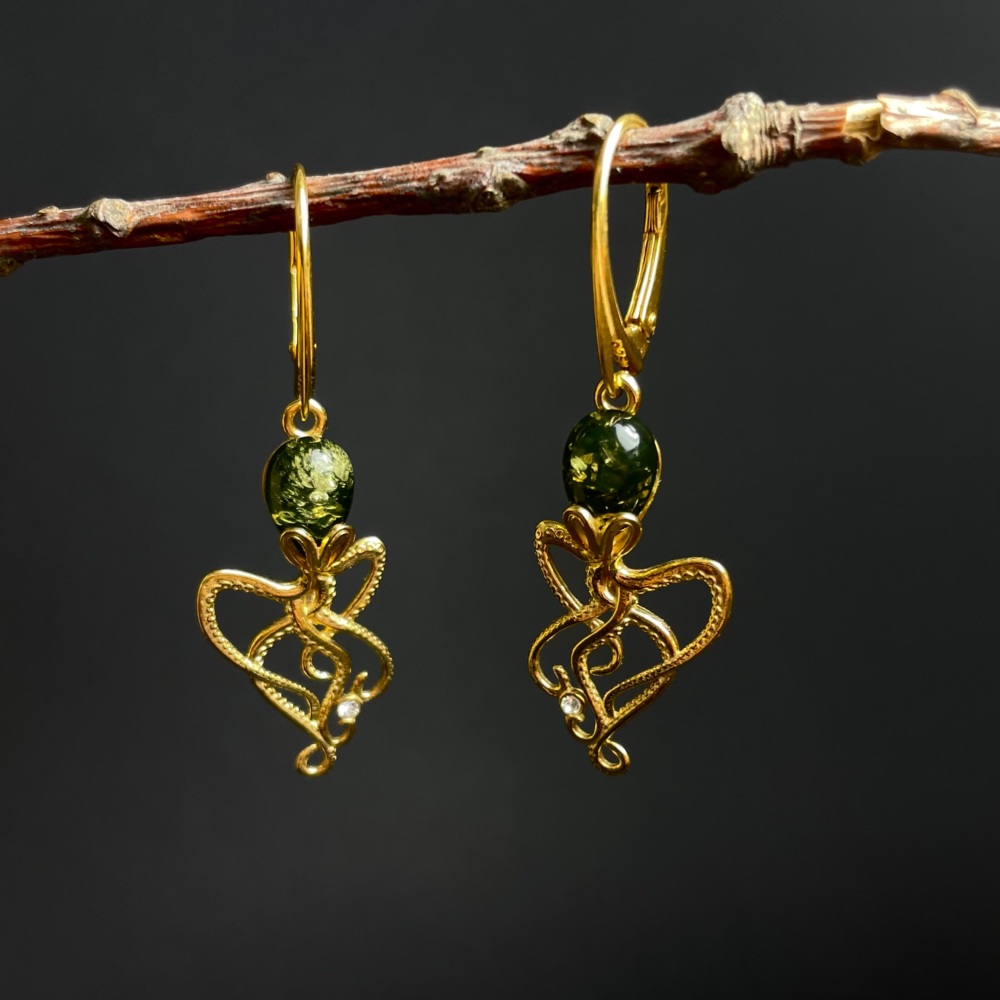Amber 24ct Gold Plated Silver Octopus Drop Earrings (Sterling Silver)