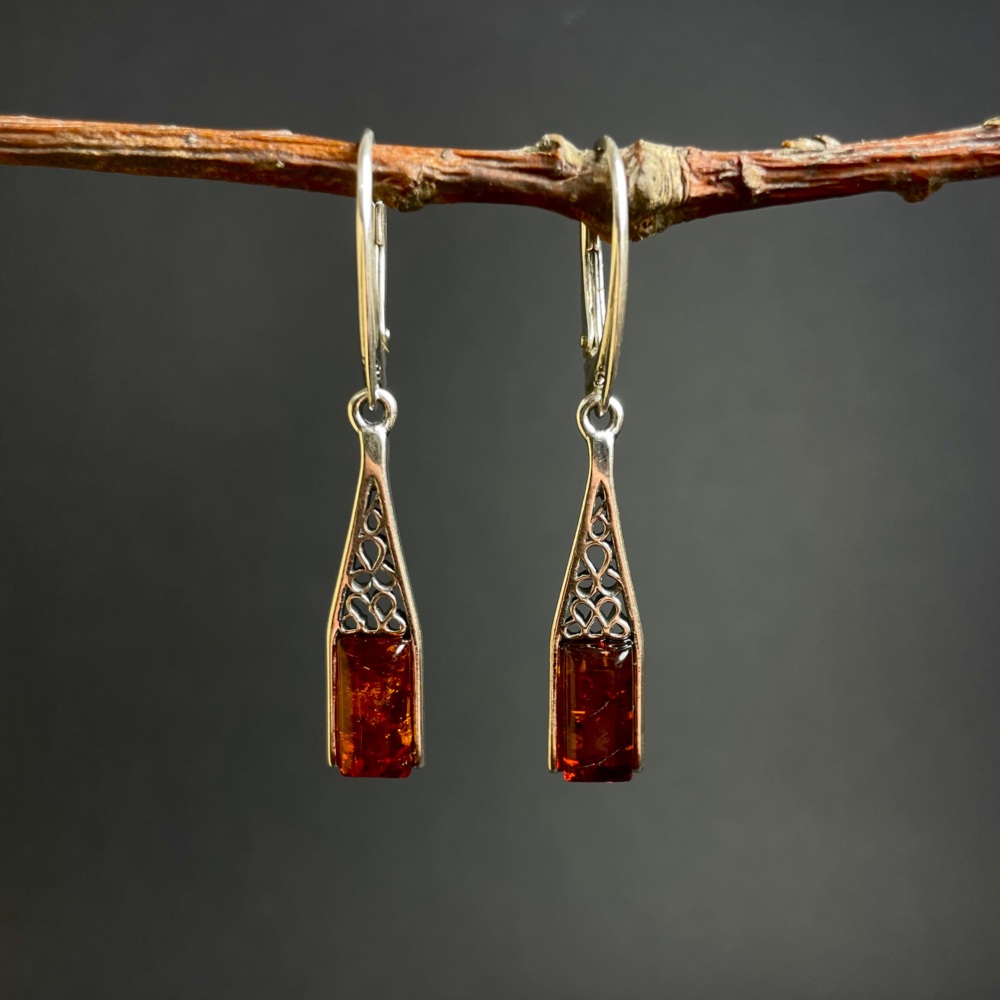 Rectangle Amber Silver Earrings (Sterling Silver)