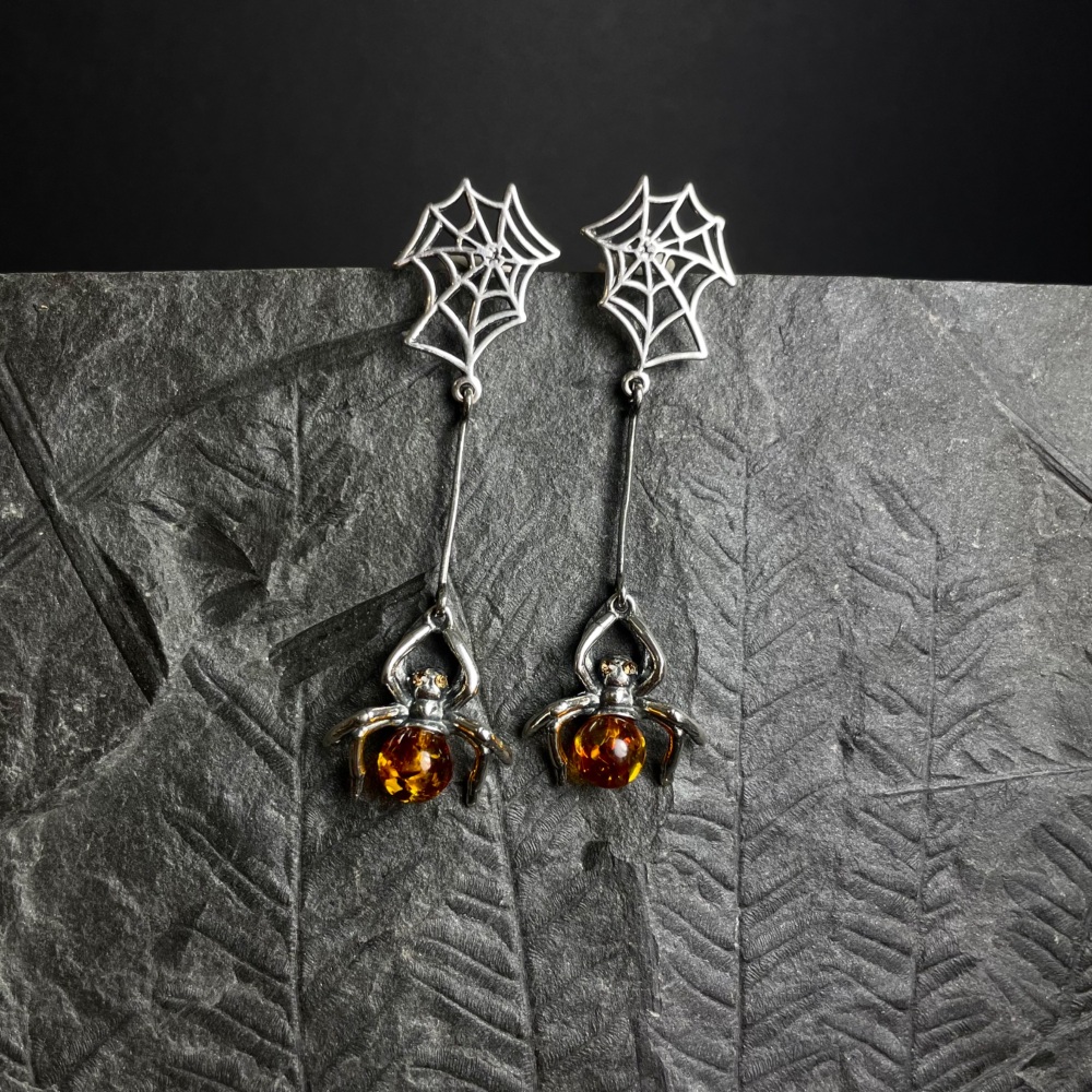 Amber Spider Drop Earrings (Sterling Silver)
