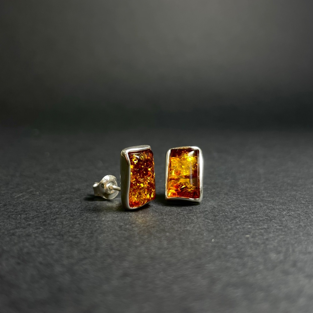 Baltic Amber Rectangle Stud Earrings (Sterling Silver)