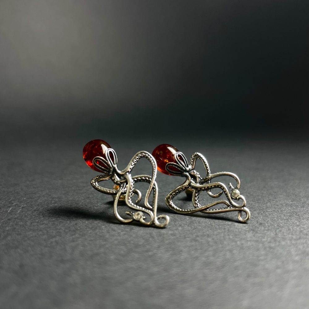 Baltic Amber Octopus Earrings (Sterling Silver)