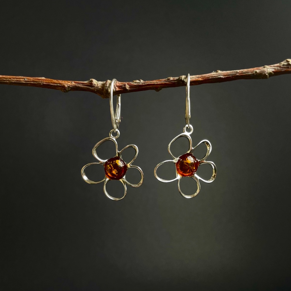 Drop Amber Flower Earrings (Sterling Silver)