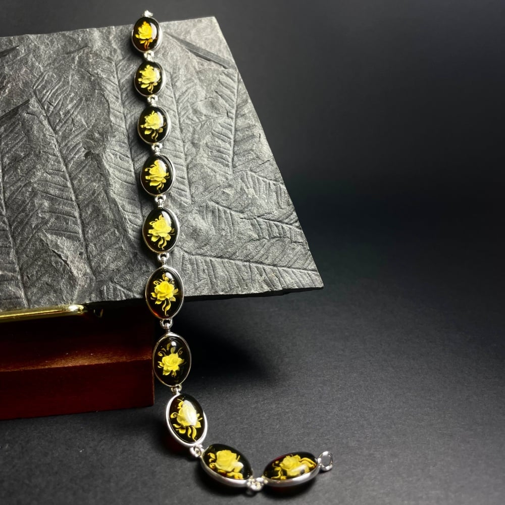 Engraved Amber Handmade Cameo Bracelet (Sterling Silver)