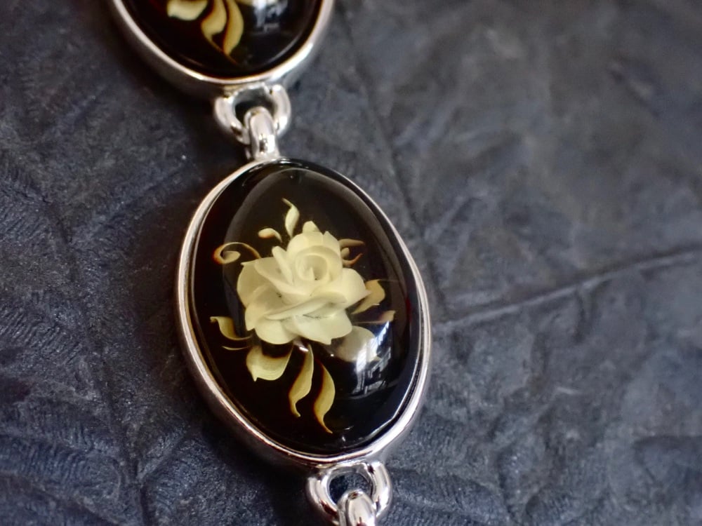 Engraved Amber Handmade Cameo Bracelet (Sterling Silver)