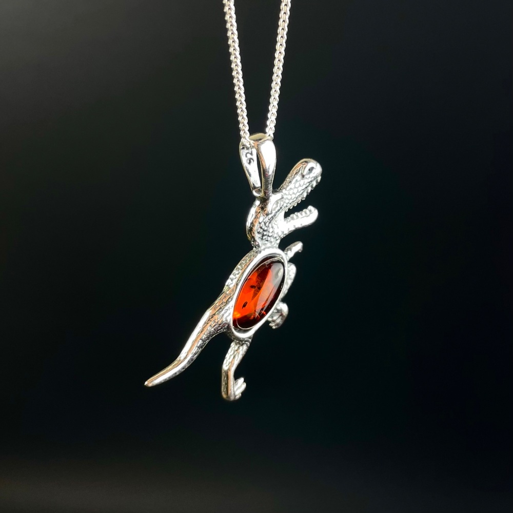 Amber T-REX Dinosaur Silver Pendant (Sterling Silver)