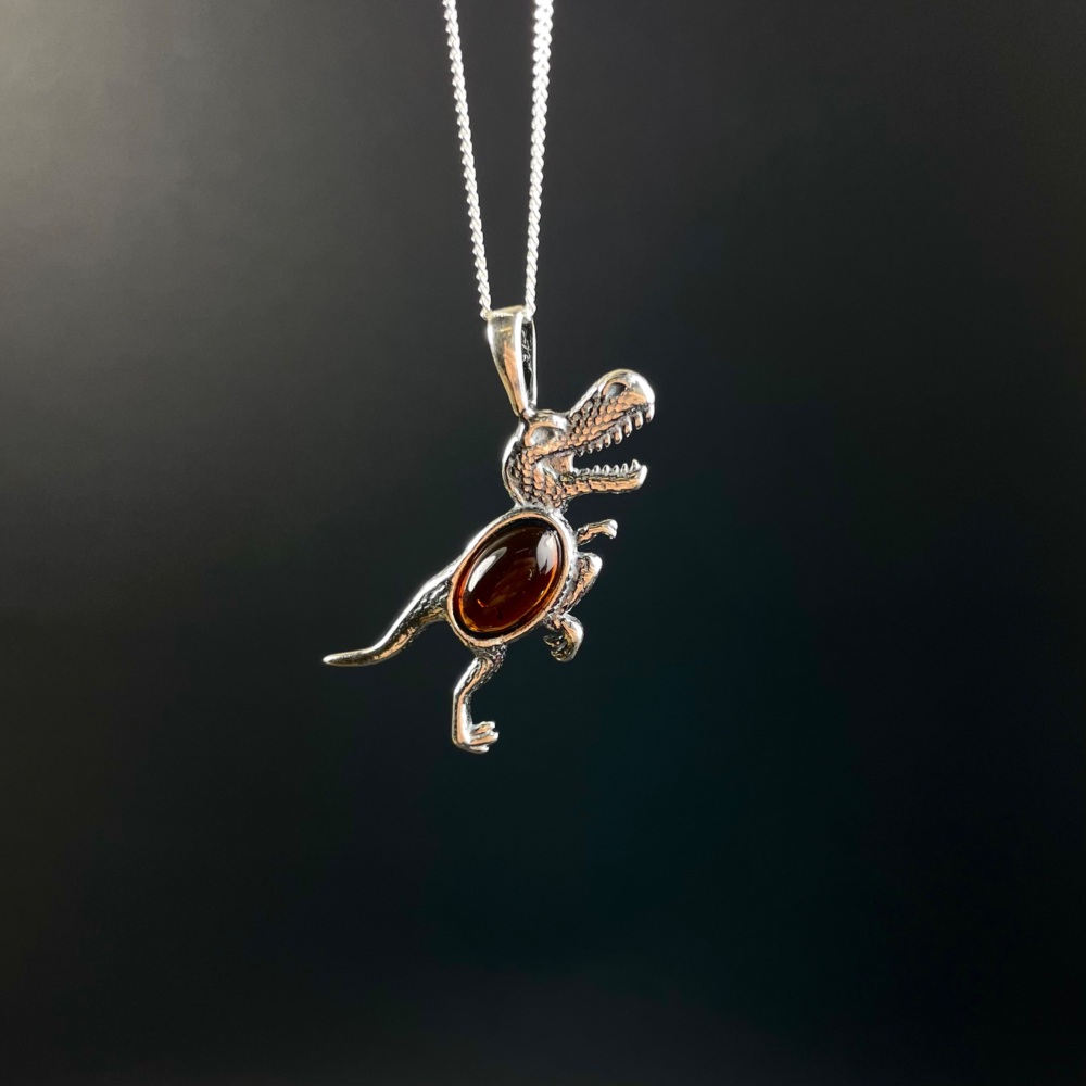 Amber T-REX Dinosaur Silver Pendant (Sterling Silver)