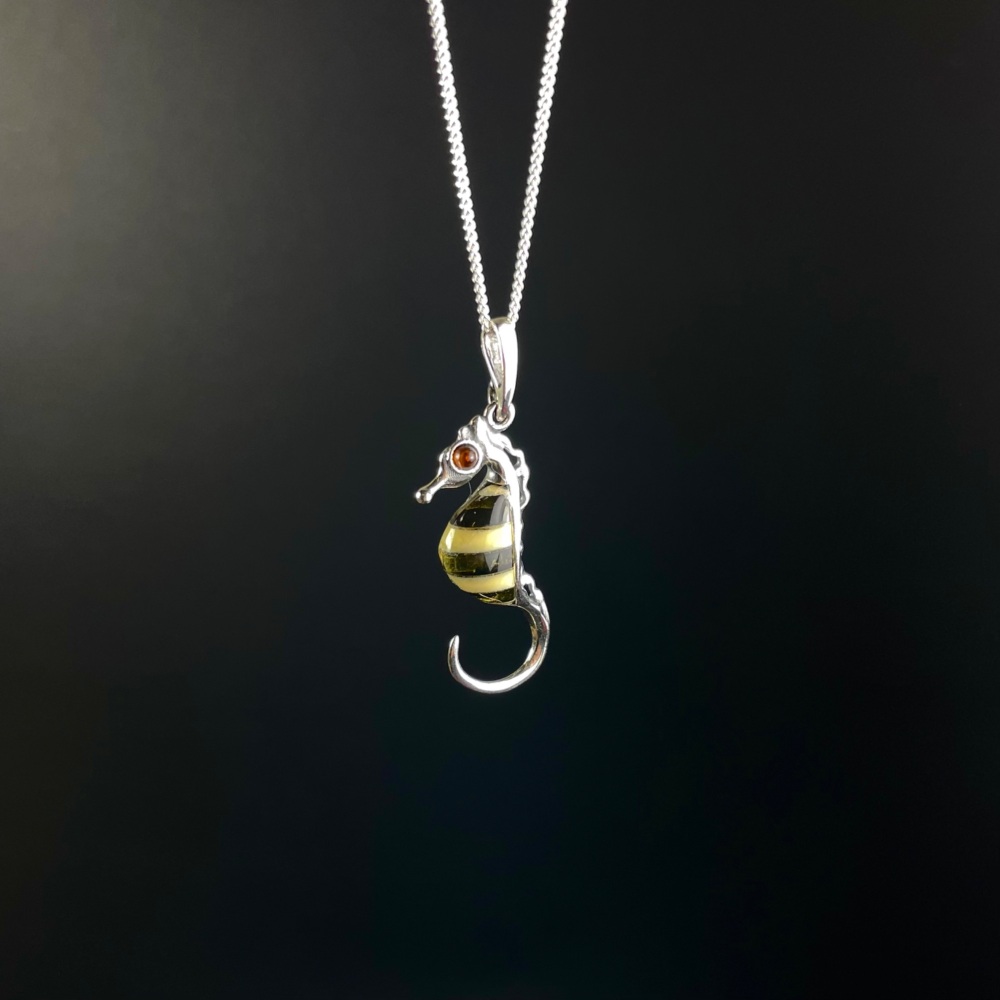 Designer Seahorse Silver Amber Pendant (Sterling Silver)