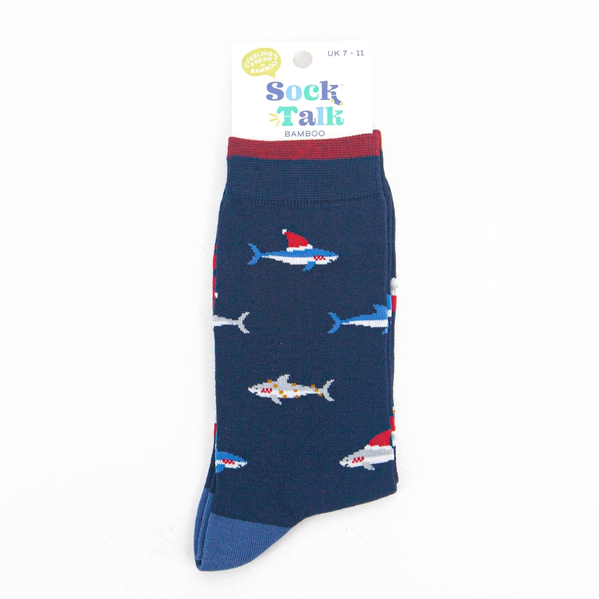 Men's Bamboo Socks - Navy Blue Christmas Shark | Size UK 7-11