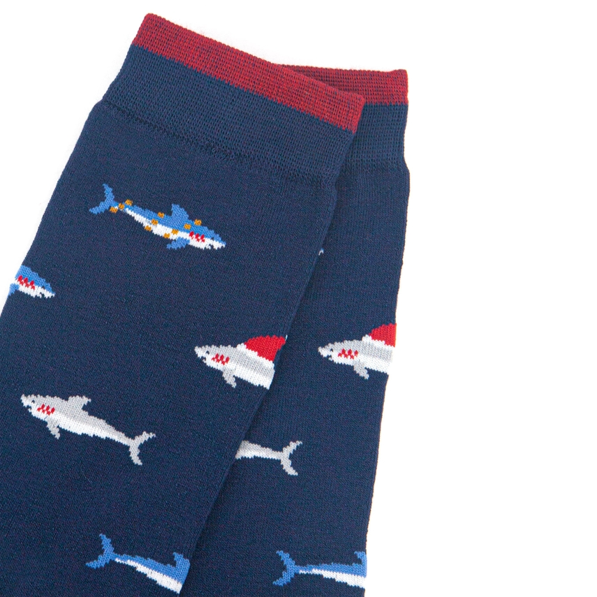 Men's Bamboo Socks - Navy Blue Christmas Shark | Size UK 7-11