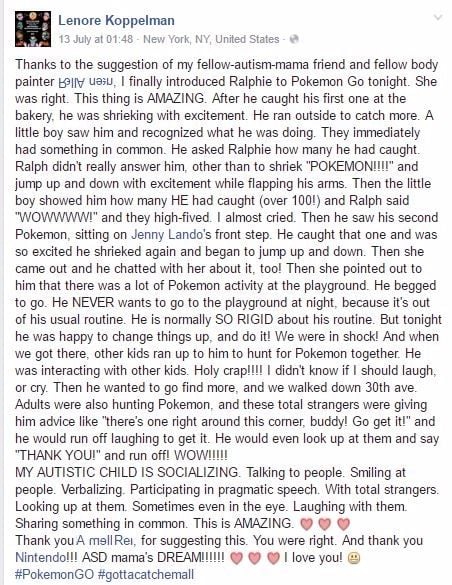 Pokemon Go and Autism Facebook Post