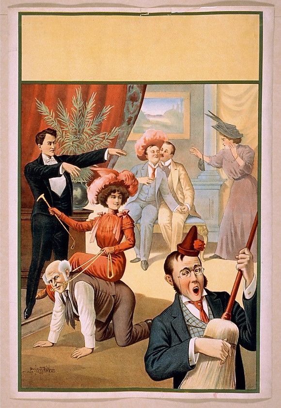 Hypnosis poster man plays with broom woman rides man like horse