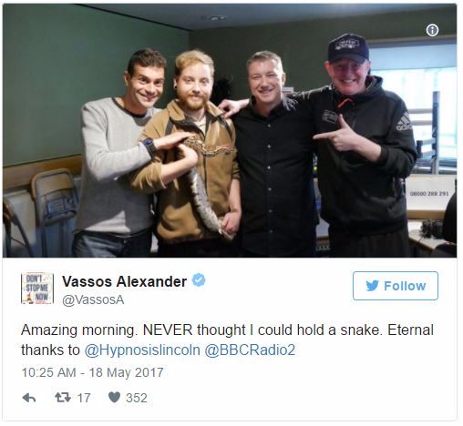 vassos alexander tweet with snake hypnosis phobia