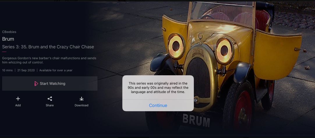 Brum TV show iPLayer warning about refecting attitude of the time