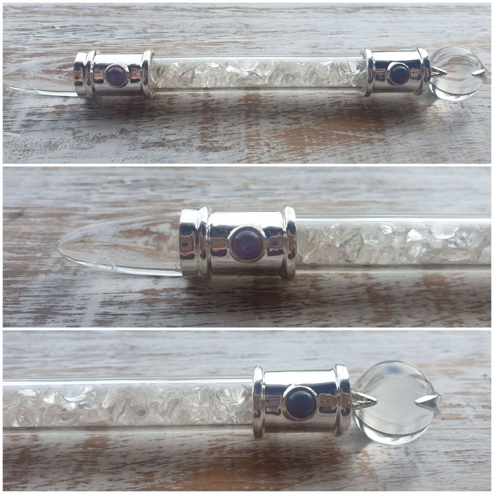 Silver Plated Clear Quartz and Amethyst Single Terminated Wand