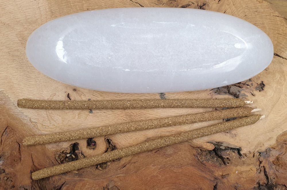 Selenite Incense Holder With Palo Santo Sticks (20cm) - Pack of 10
