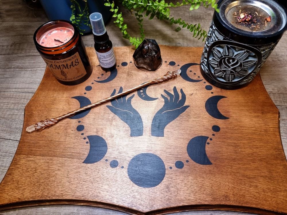 Hand Crafted Altar Table/Base Moon Phases with Magickal Hands