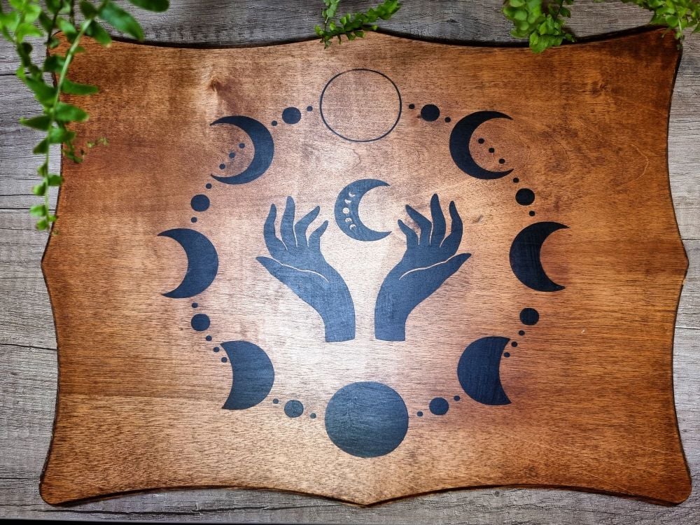 Hand Crafted Altar Table/Base Moon Phases with Magickal Hands