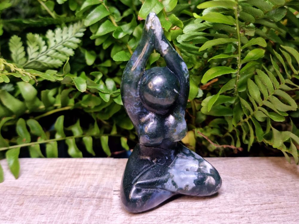 Hand Carved Crystal Goddess Statue - Green Moss with Goddess Activation Oil