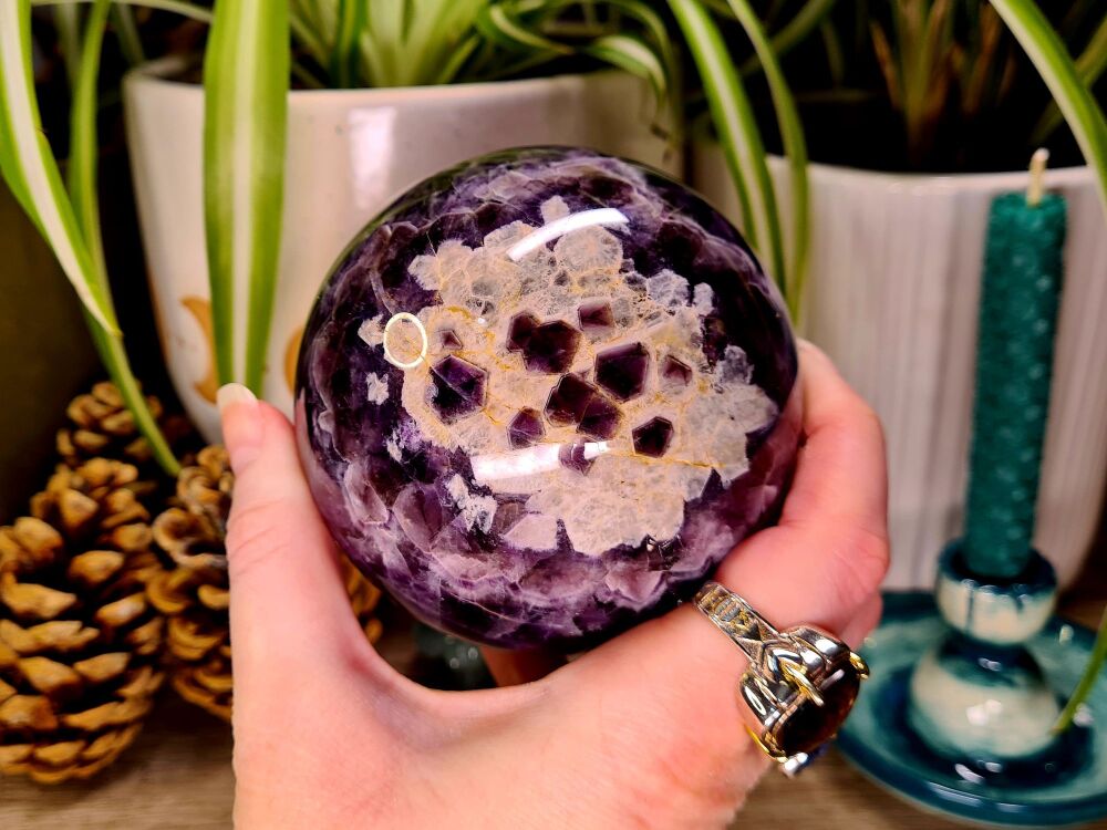 Dream Amethyst Sphere with Sacred Geometry - Tranquility, Sleep, Spiritual Development and Protection