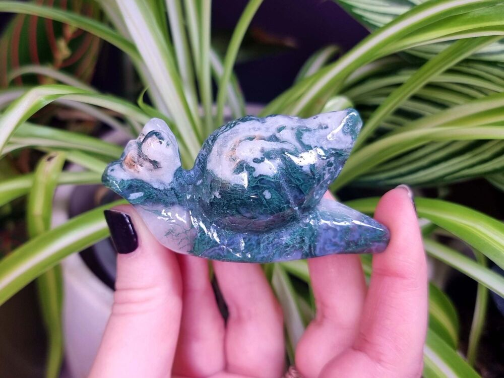 Green Moss/Tree Agate Snail Carving - Connect With Plant Allies