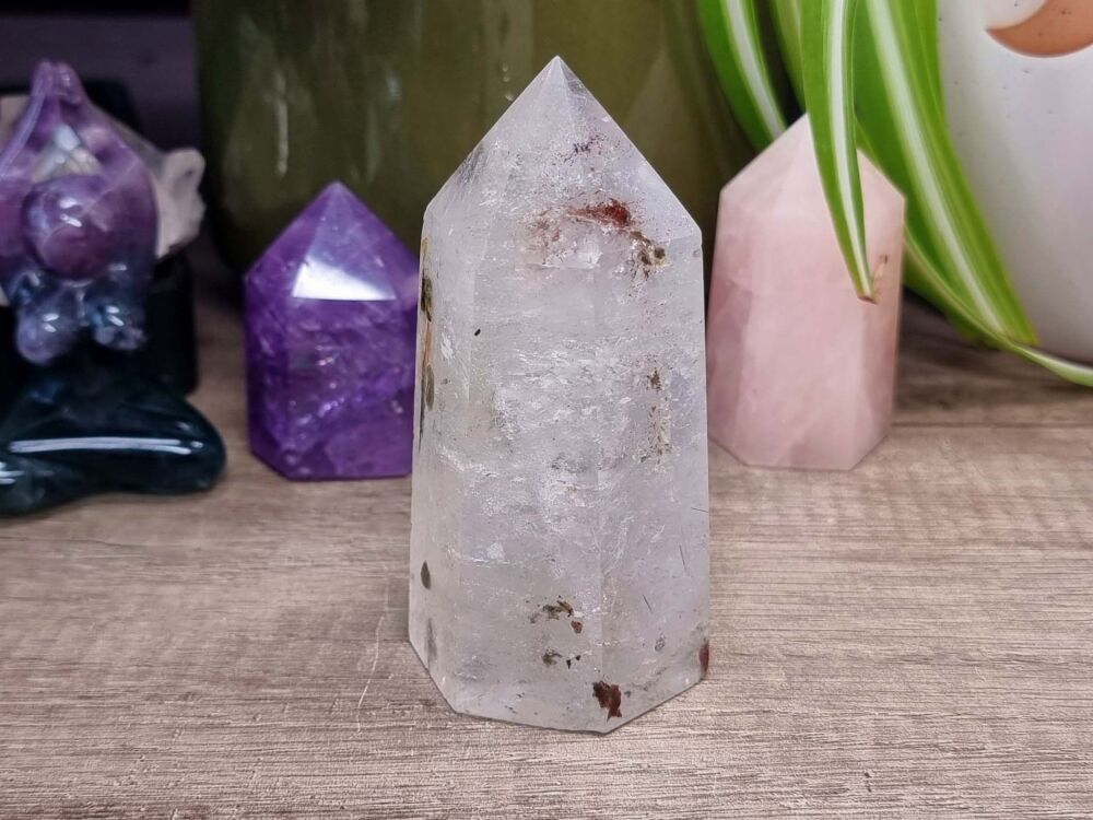 Clear Quartz Generator with Tourmaline, Iron, Chlorite, and Pyrite Inclusions