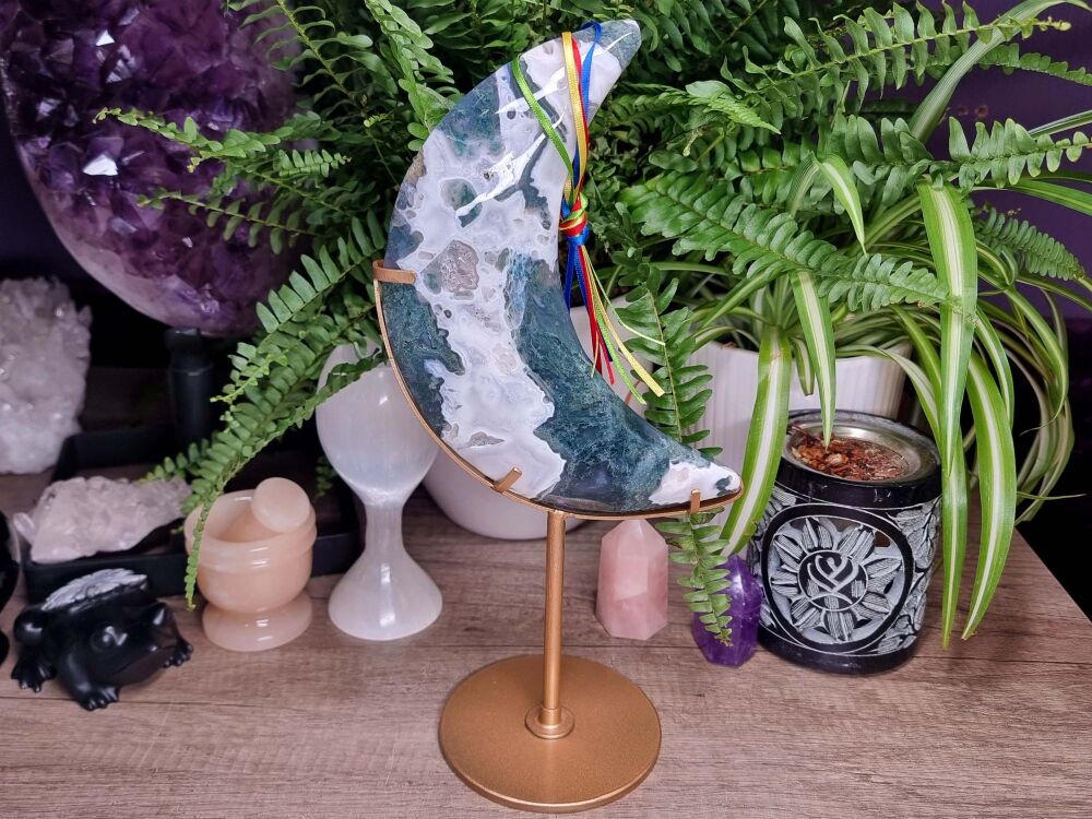 Green Moss Agate Moon in Stand