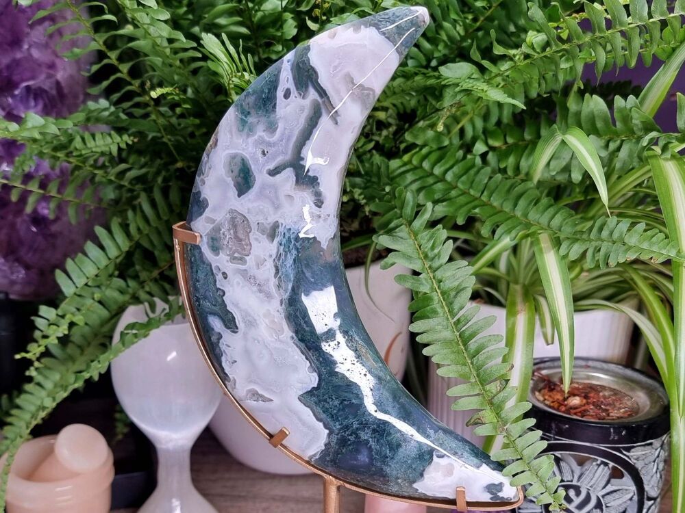 Green Moss Agate Moon in Stand