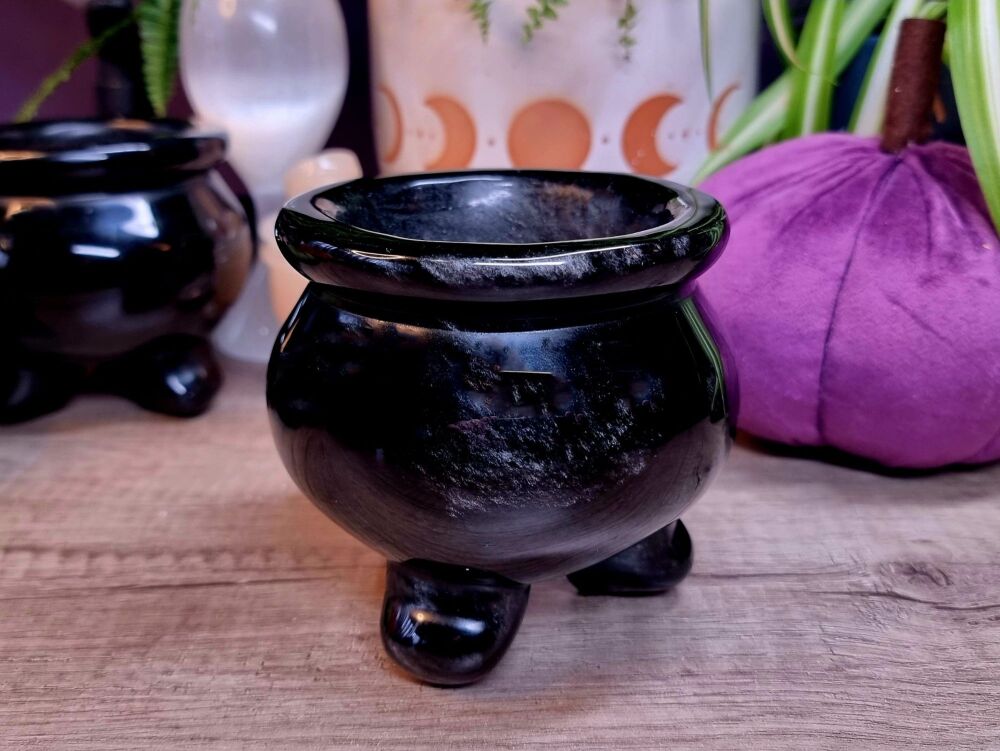 Black Silver Sheen Obsidian Cauldron - Extra Large