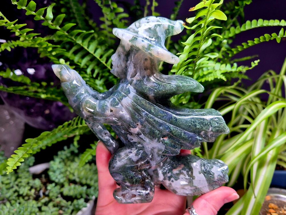 Green Moss Agate Flying Witch - Hand Carved