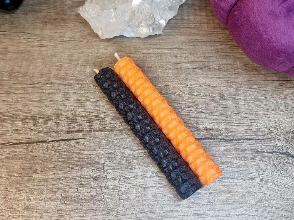 Samhain Beeswax Spell Candles 10cm Pair ~ Black/Orange