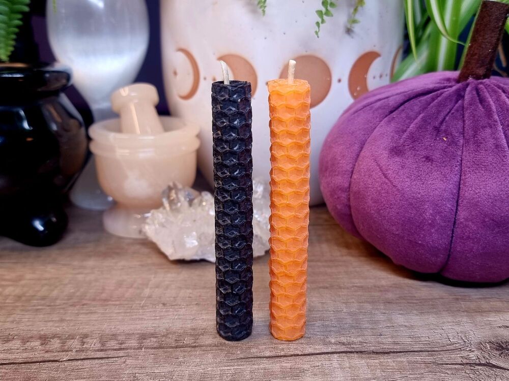 Samhain Beeswax Spell Candles 10cm Pair ~ Black/Orange