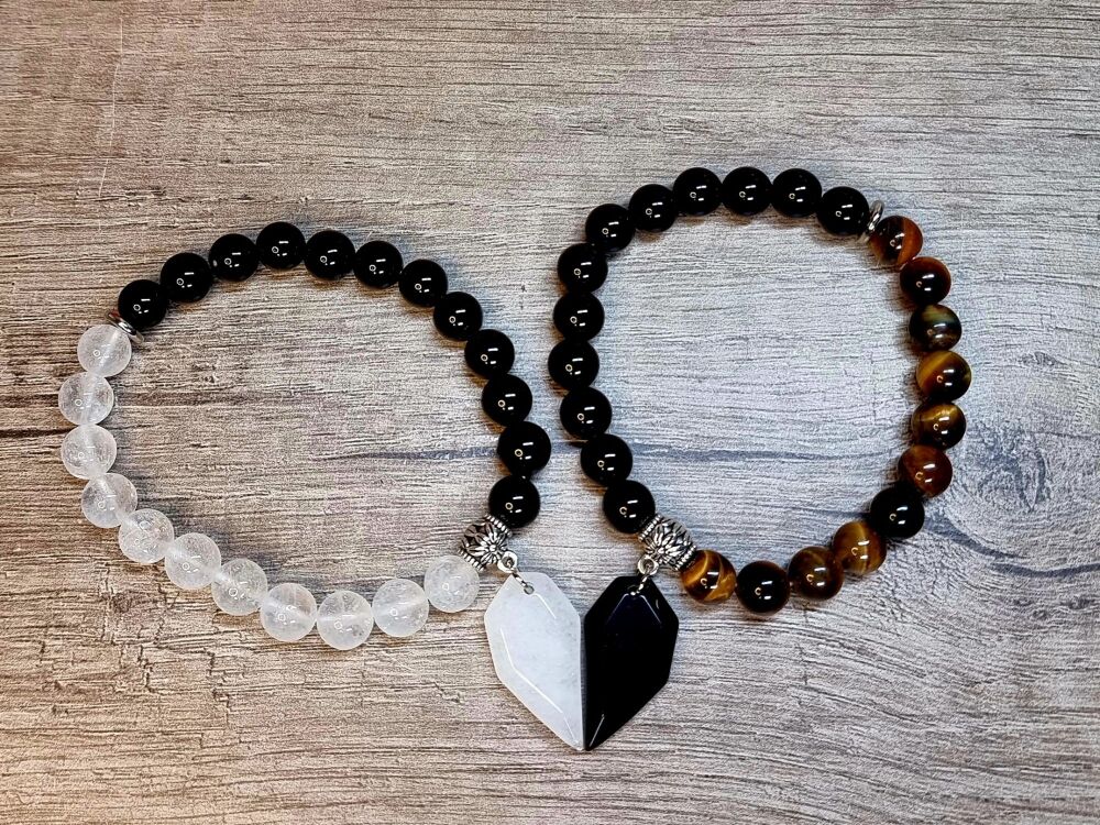 Obsidian and Clear Quartz Charm Bracelet