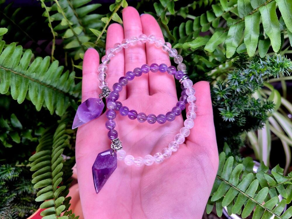 Amethyst and Clear Quartz Charm Bracelet