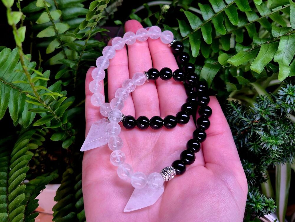 Obsidian and Clear Quartz Charm Bracelet